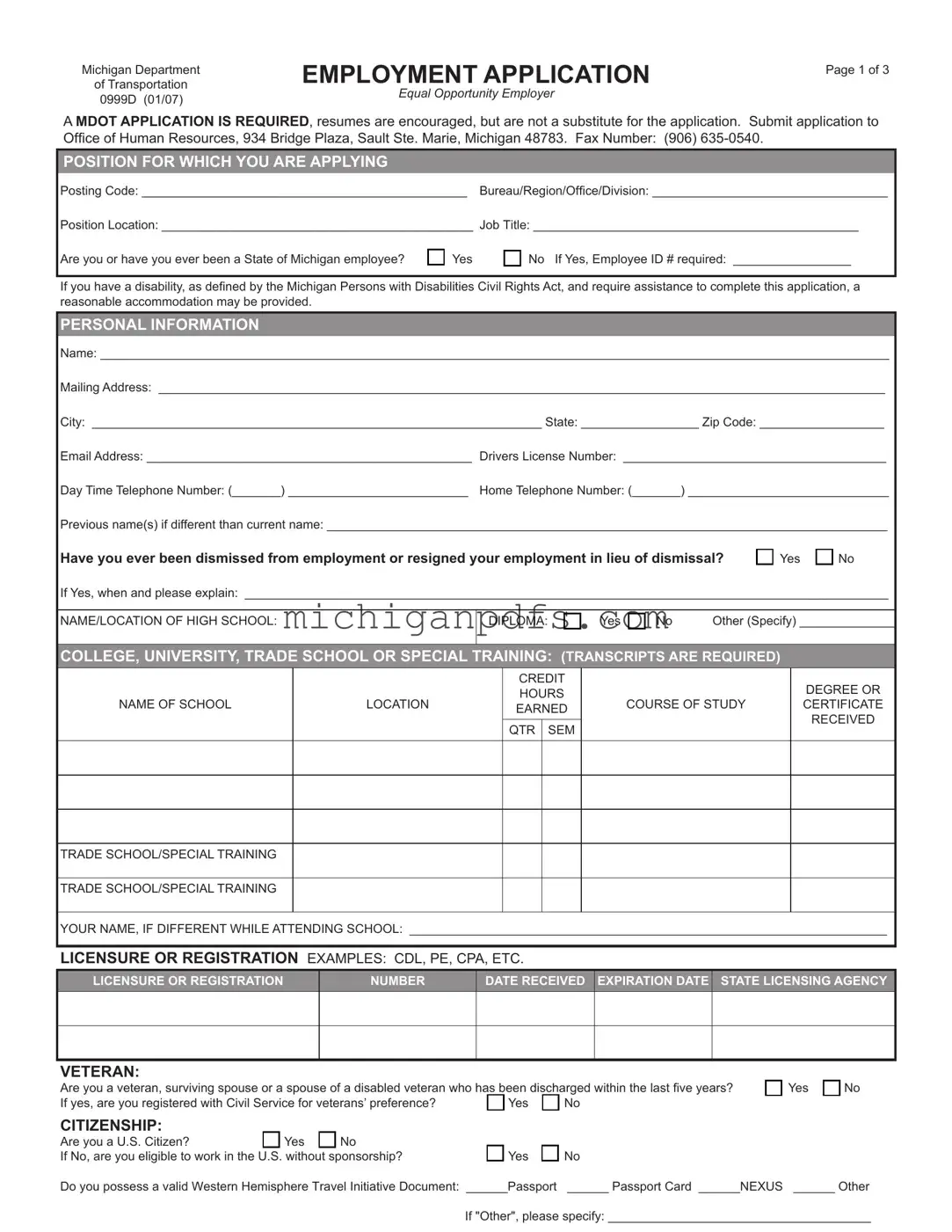 Free Michigan 0999D Template