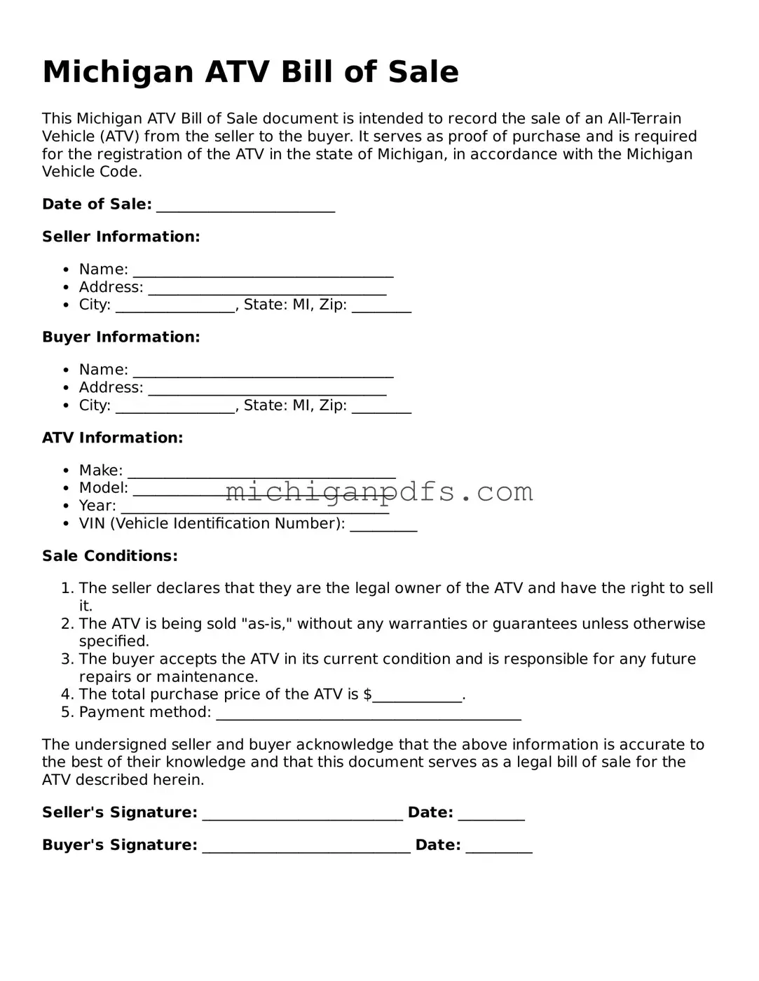 Michigan ATV Bill of Sale Document