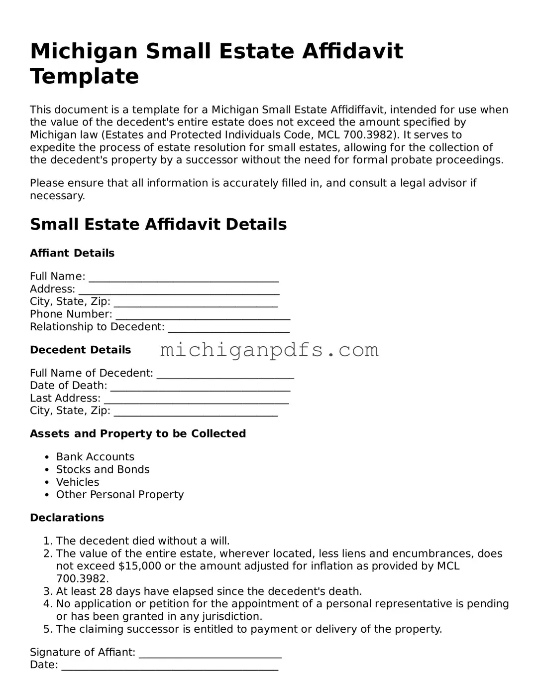 Michigan Small Estate Affidavit Document