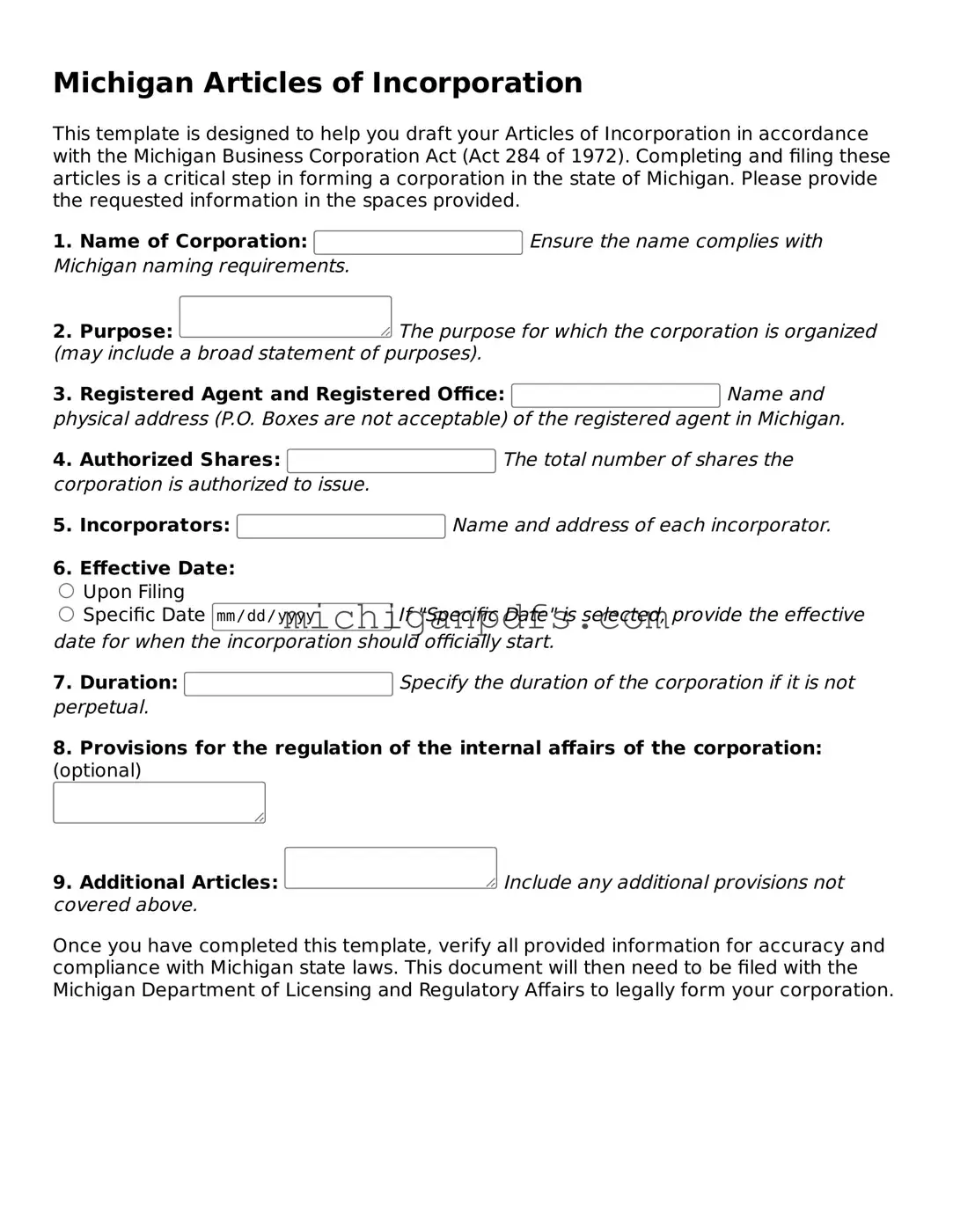 Michigan Articles of Incorporation Document