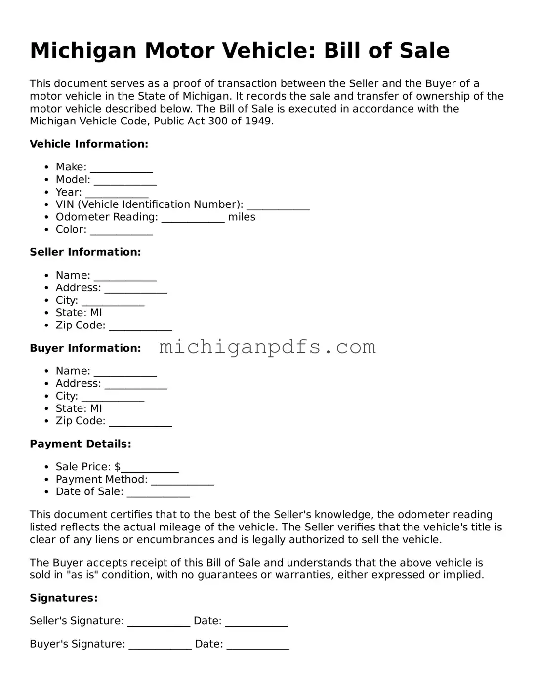Michigan Motor Vehicle Bill of Sale Document