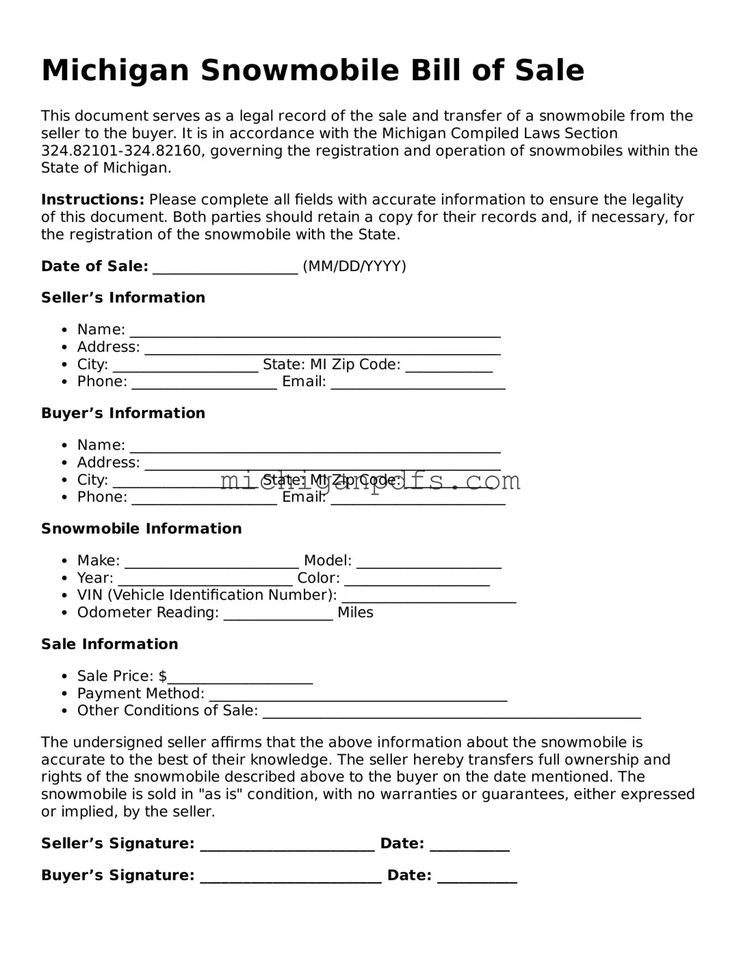 Michigan Snowmobile Bill of Sale Document