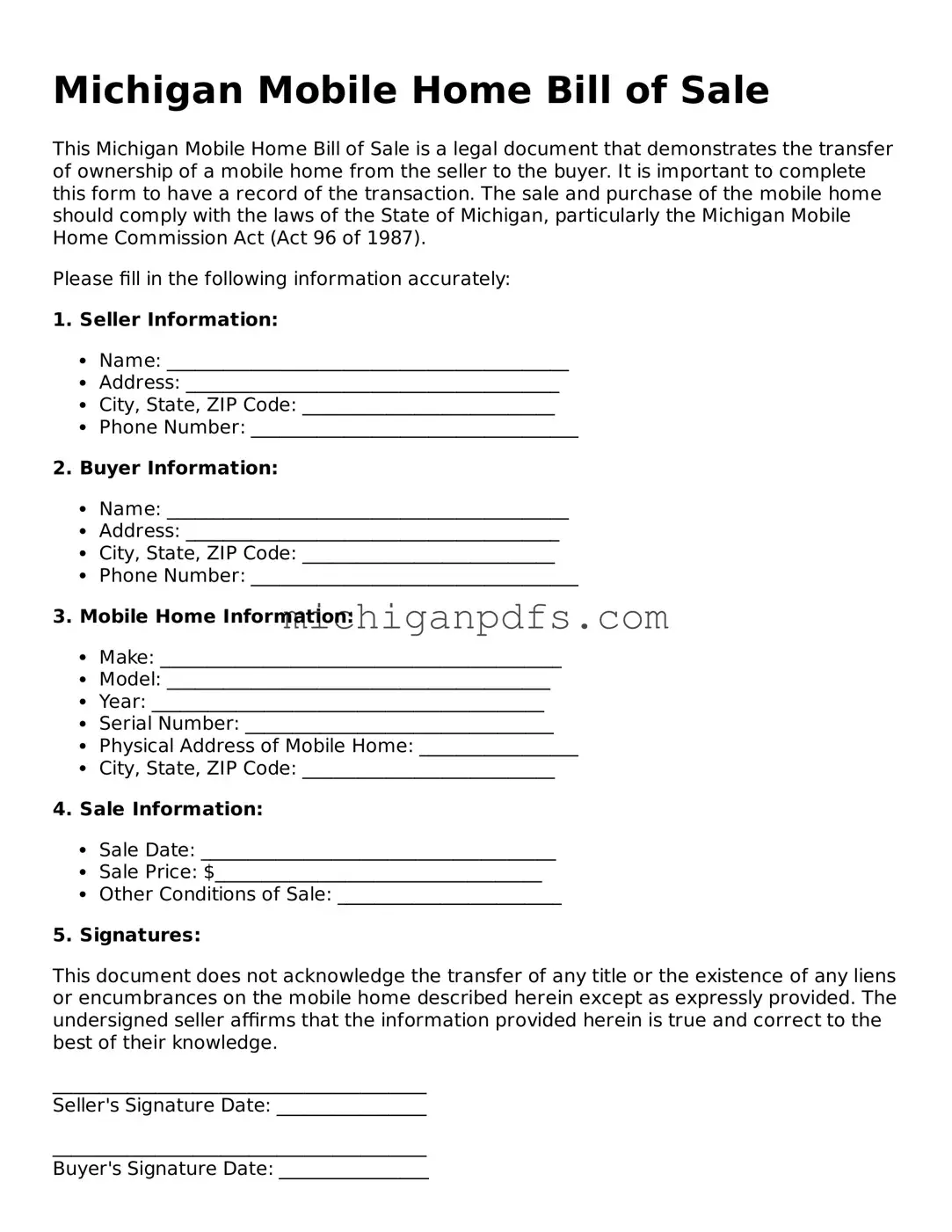 Michigan Mobile Home Bill of Sale Document
