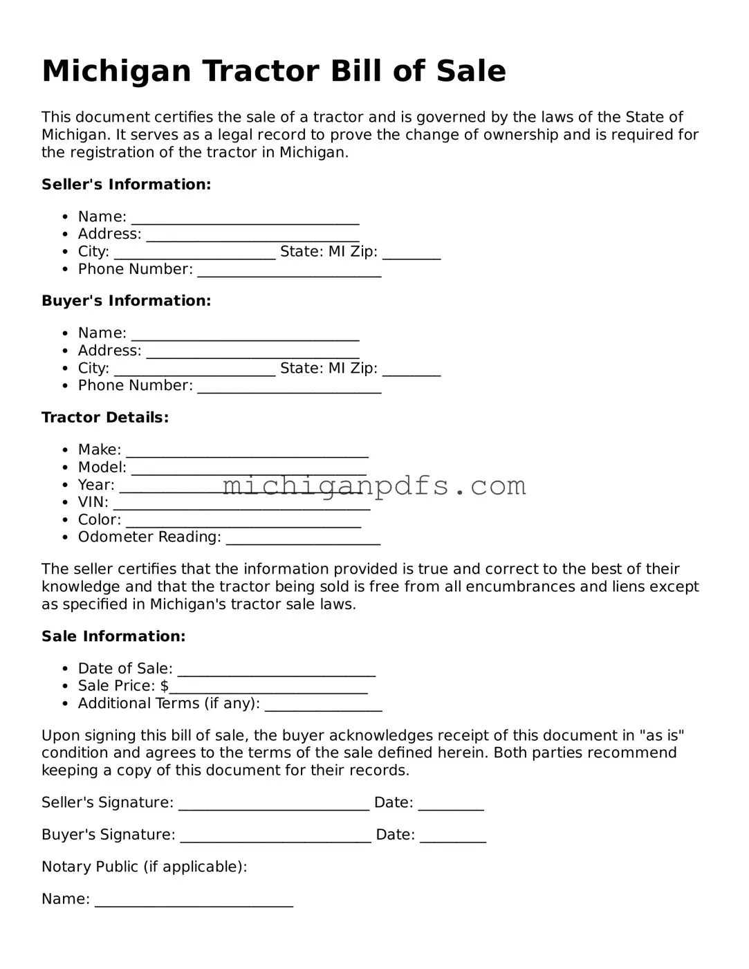 Michigan Tractor Bill of Sale Document