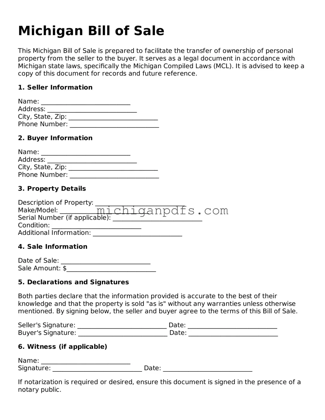 Michigan Bill of Sale Document