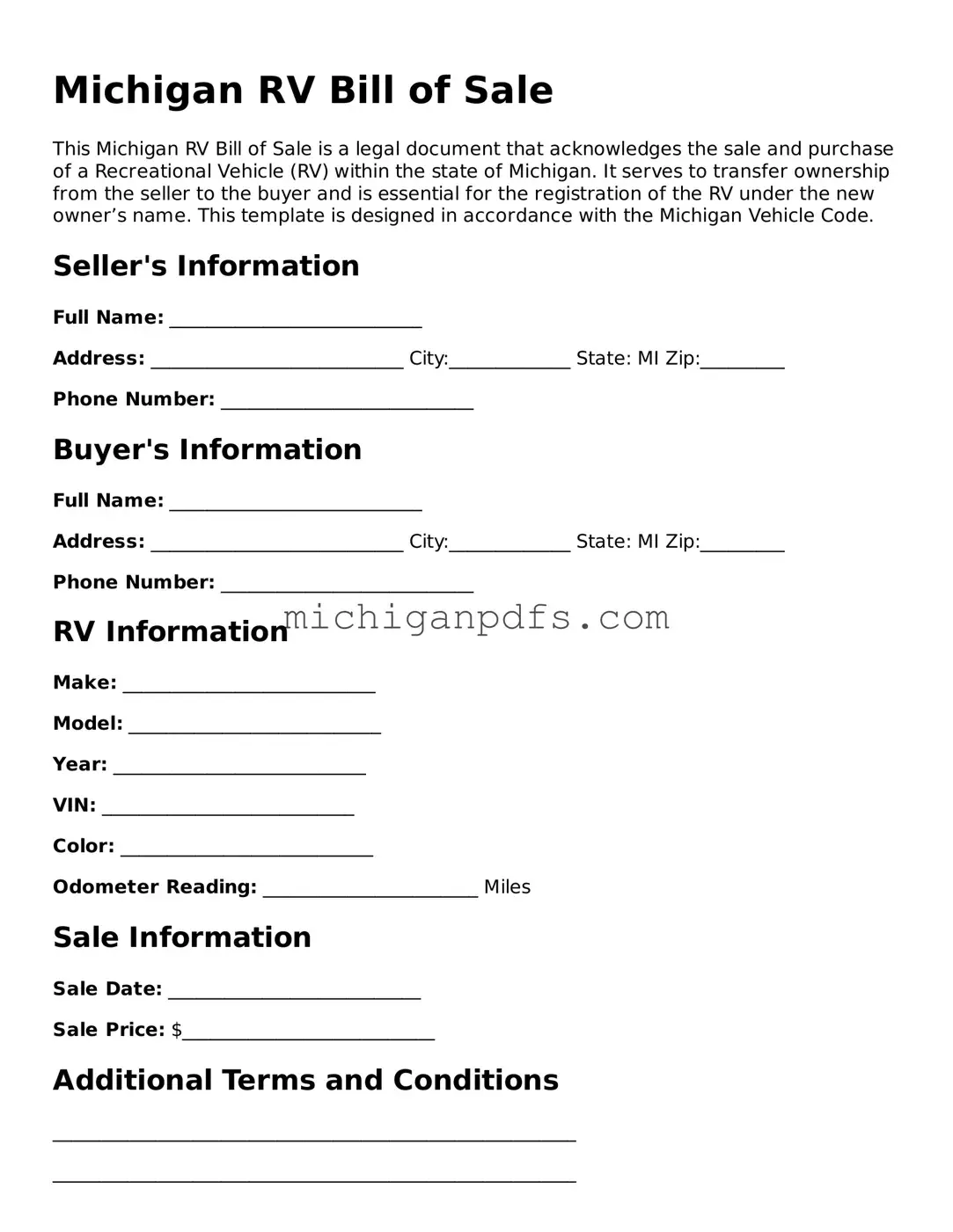 Michigan RV Bill of Sale Document