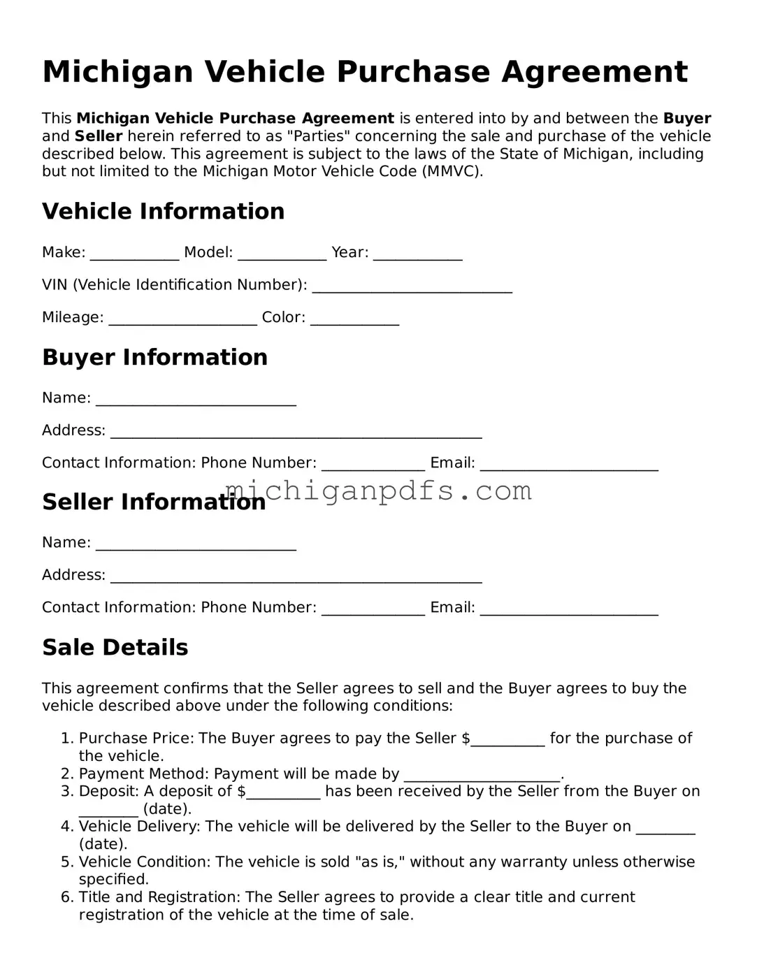 Michigan Vehicle Purchase Agreement Document