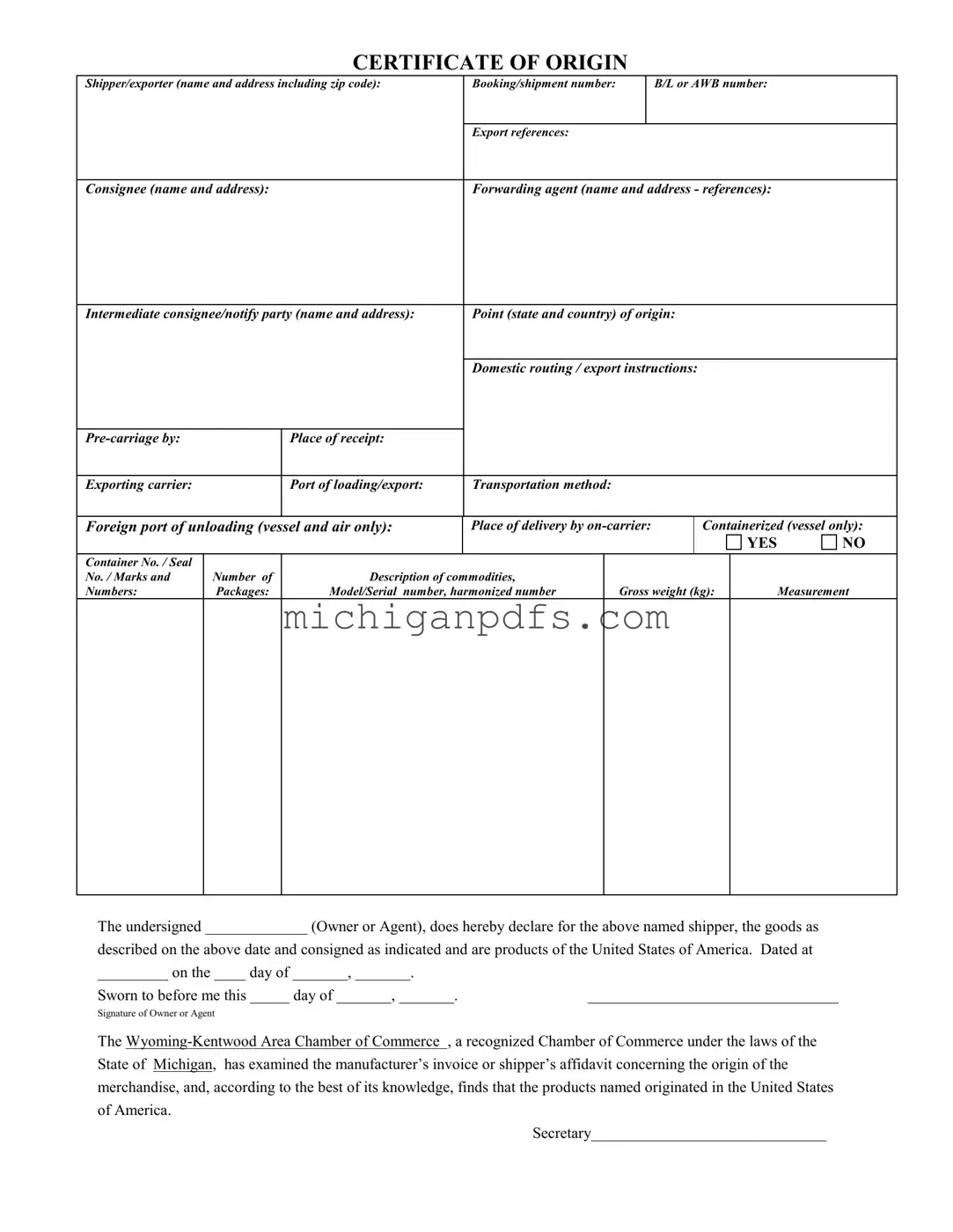 Free Michigan Certificate Of Origin Template