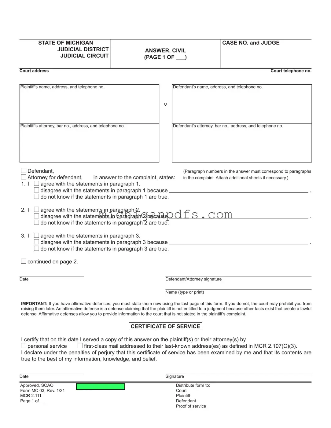 Free Michigan Civil Template