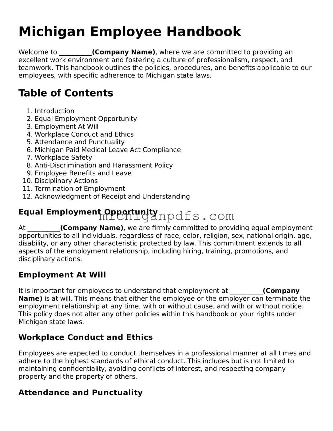 Michigan Employee Handbook Document