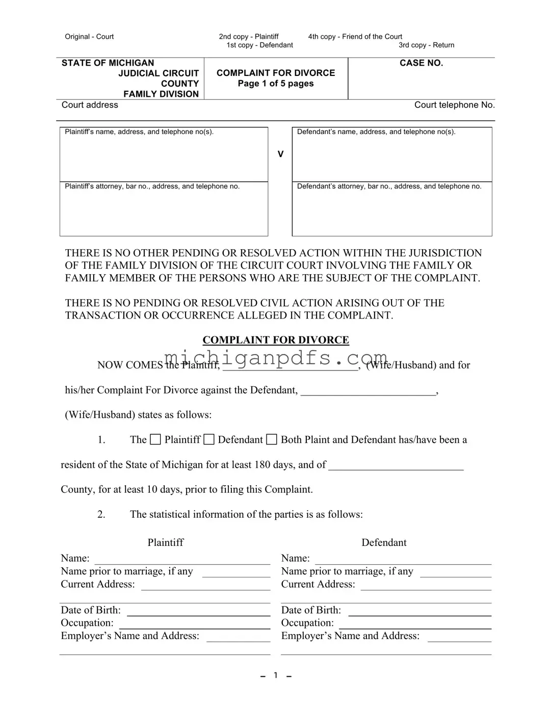 Free Michigan Complaint Divorce Template