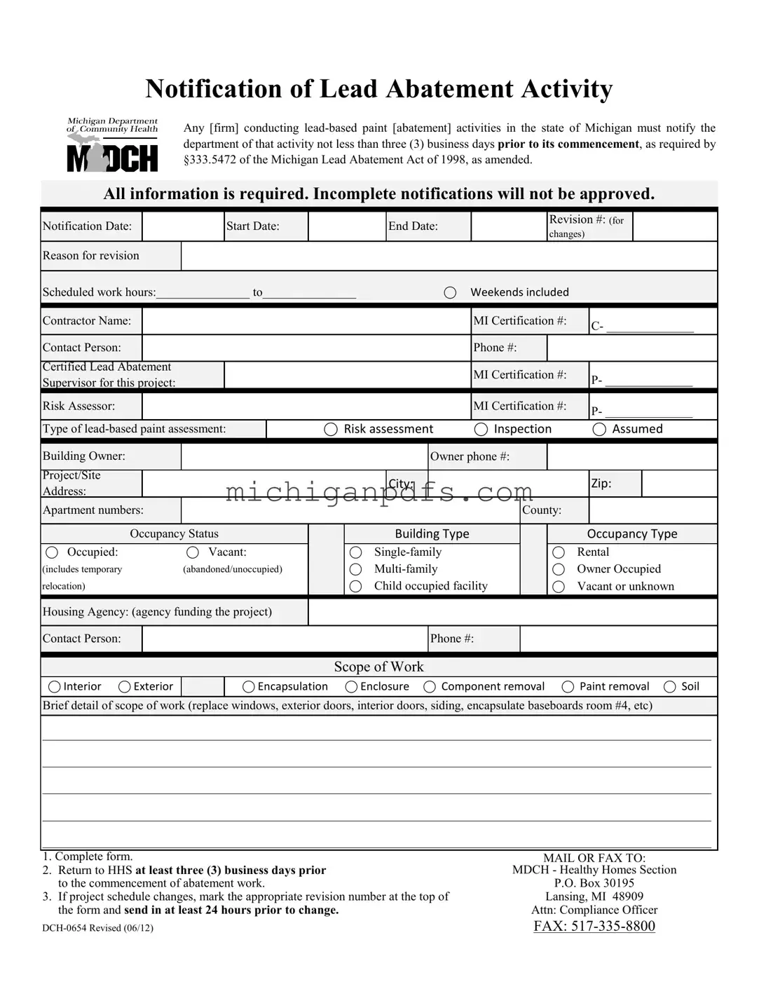 Free Michigan Dch 0654 Template