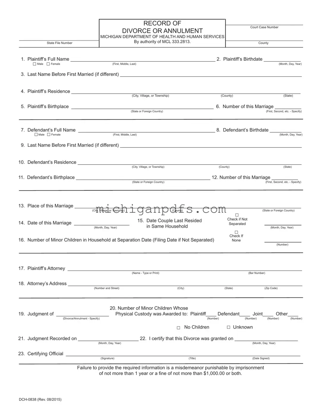 Free Michigan Dch 0838 Template