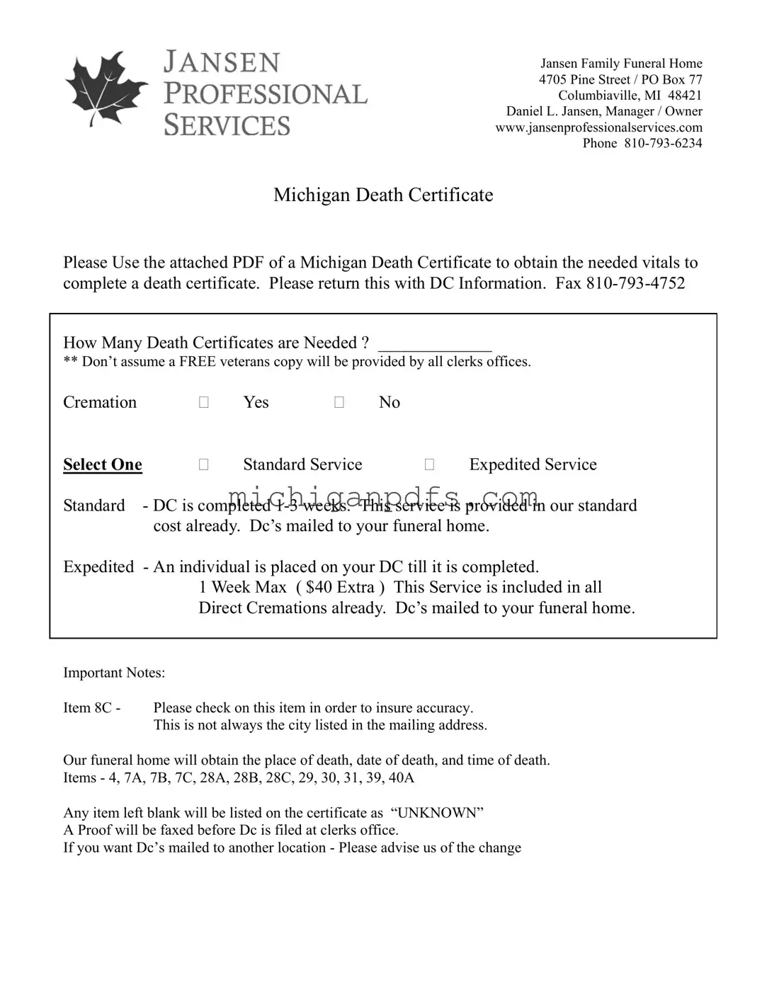 Free Michigan Death Certificate Template