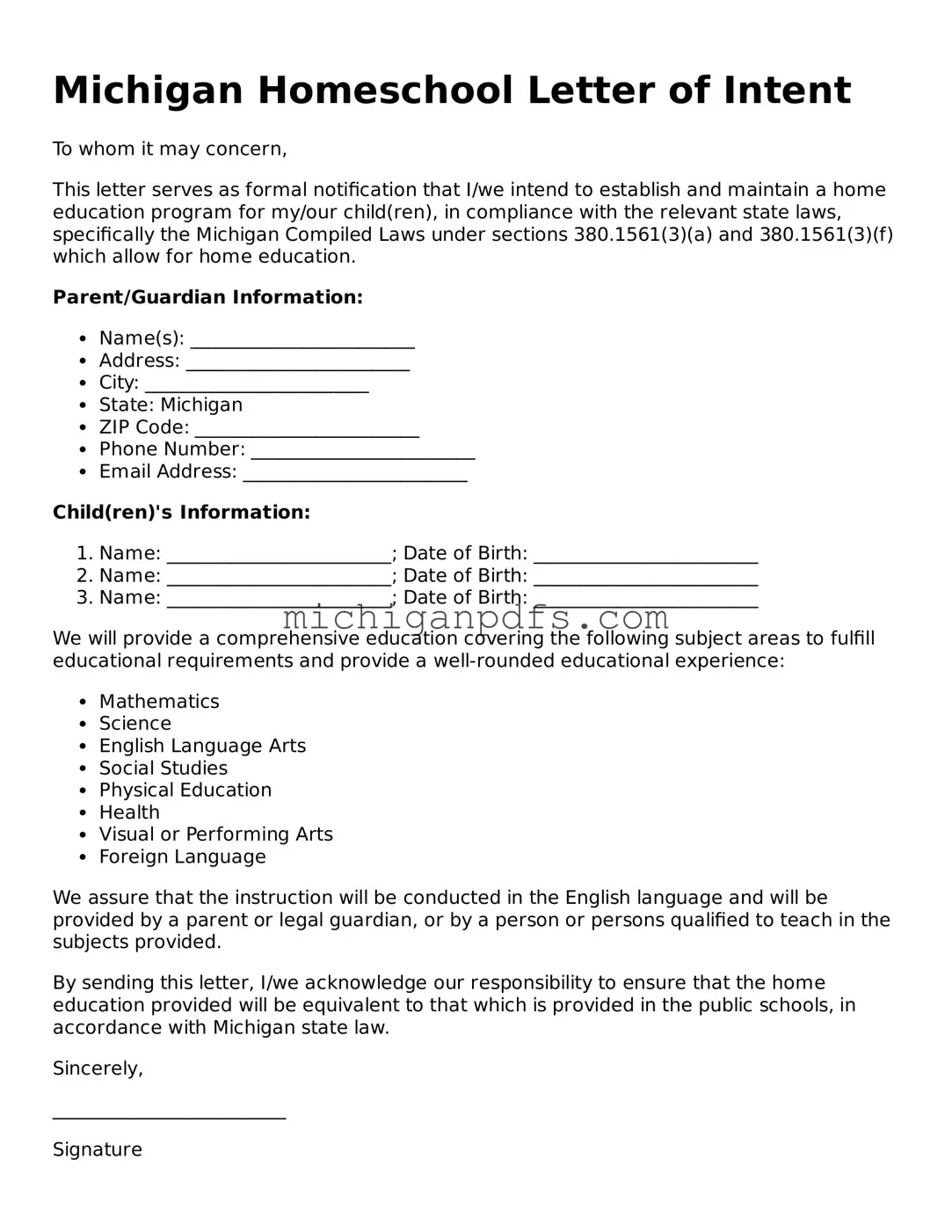 Michigan Homeschool Letter of Intent Document