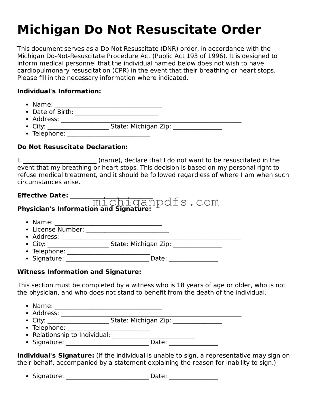 Michigan Do Not Resuscitate Order Document