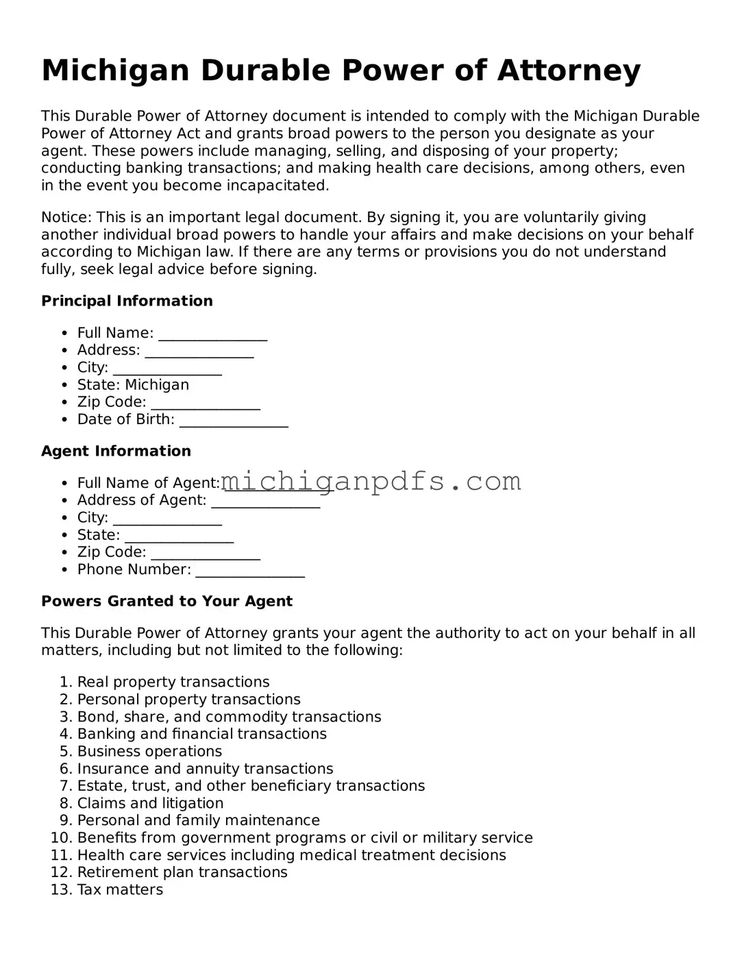 Michigan Durable Power of Attorney Document