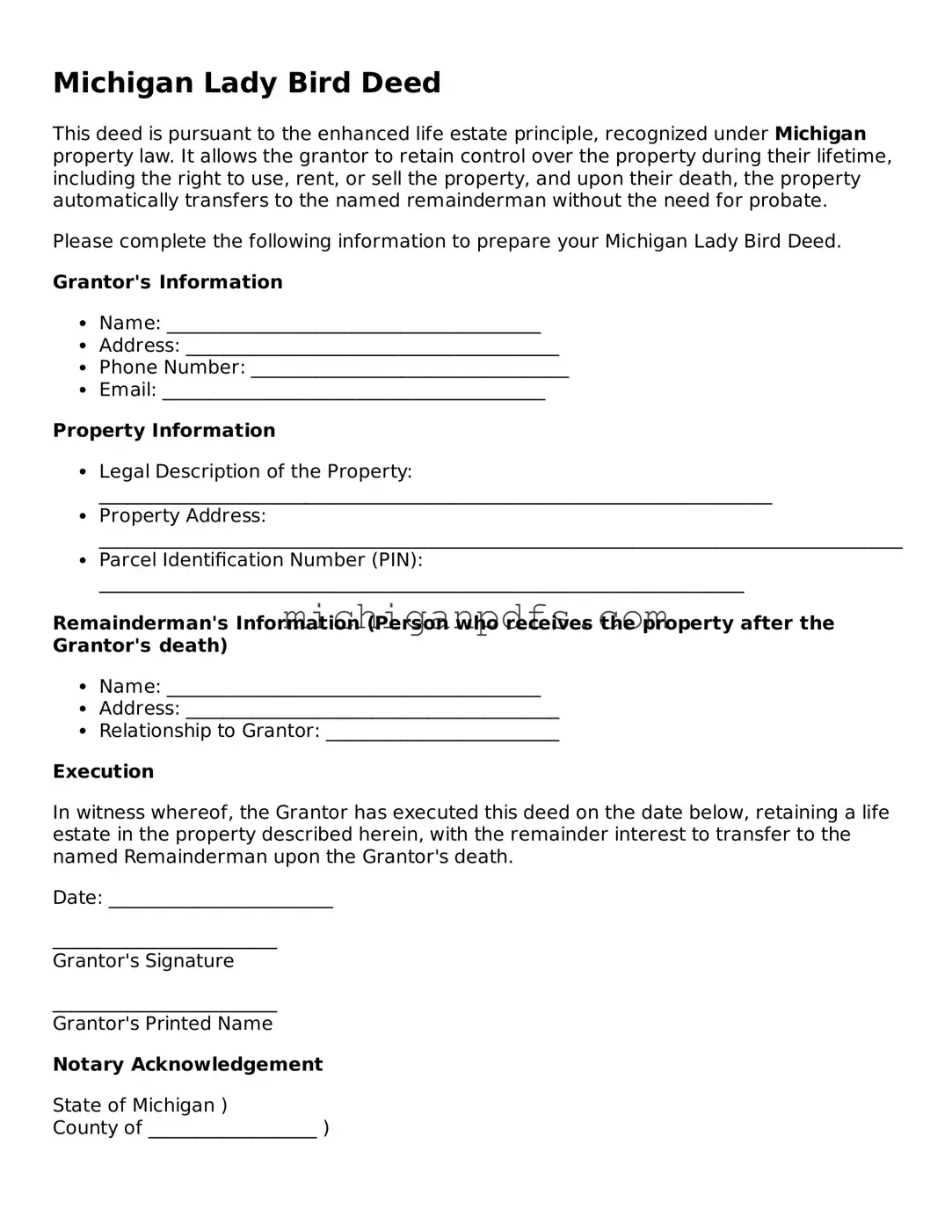 Michigan Lady Bird Deed Document
