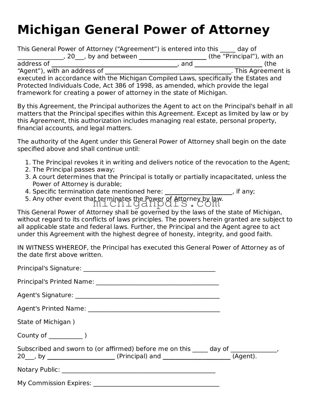 Michigan General Power of Attorney Document