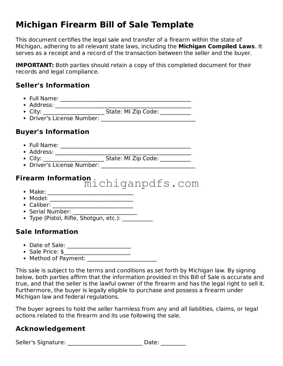 Michigan Firearm Bill of Sale Document