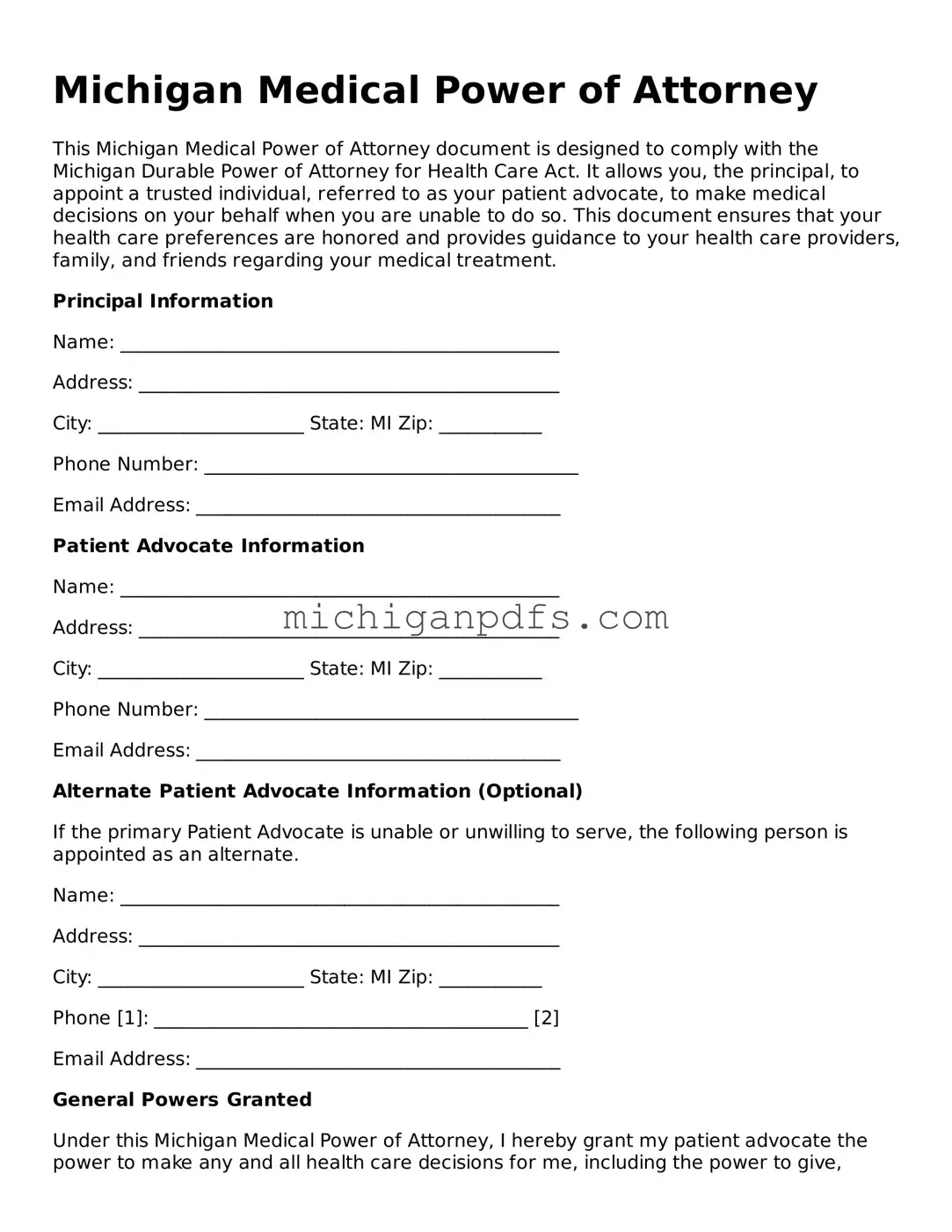 Michigan Medical Power of Attorney Document