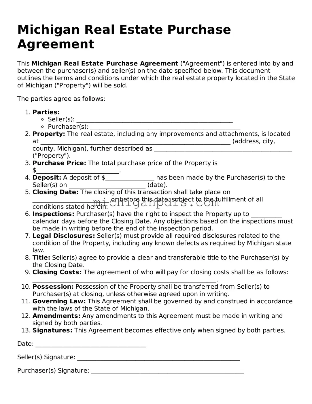 Michigan Real Estate Purchase Agreement Document