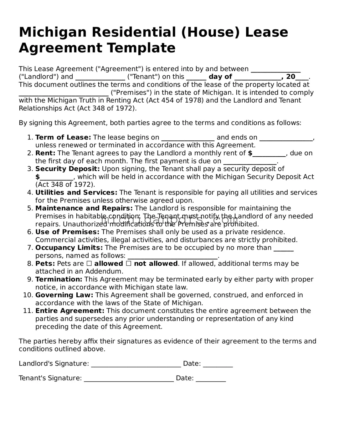 Michigan Residential Lease Agreement Document