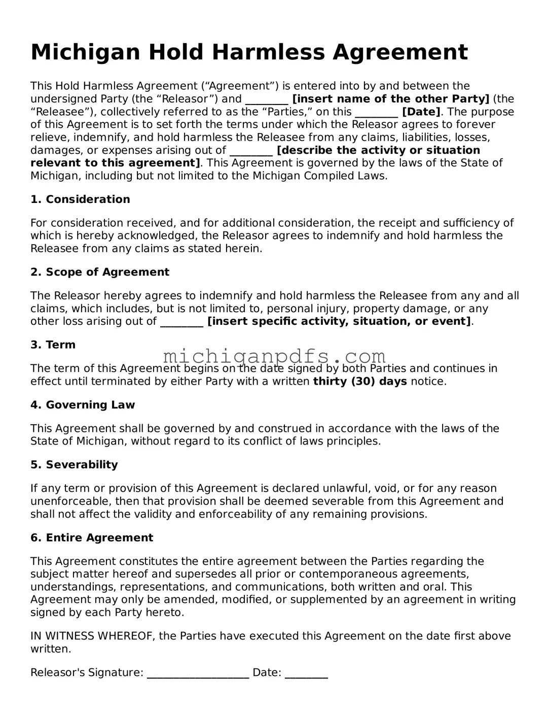 Michigan Hold Harmless Agreement Document