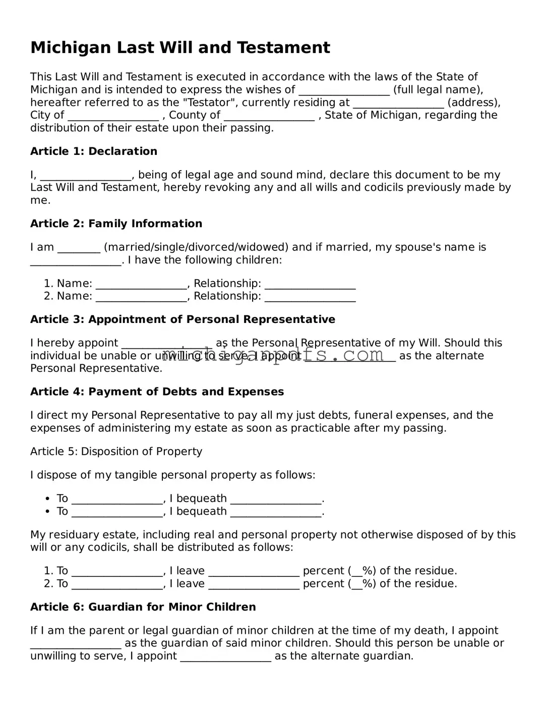 Michigan Last Will and Testament Document