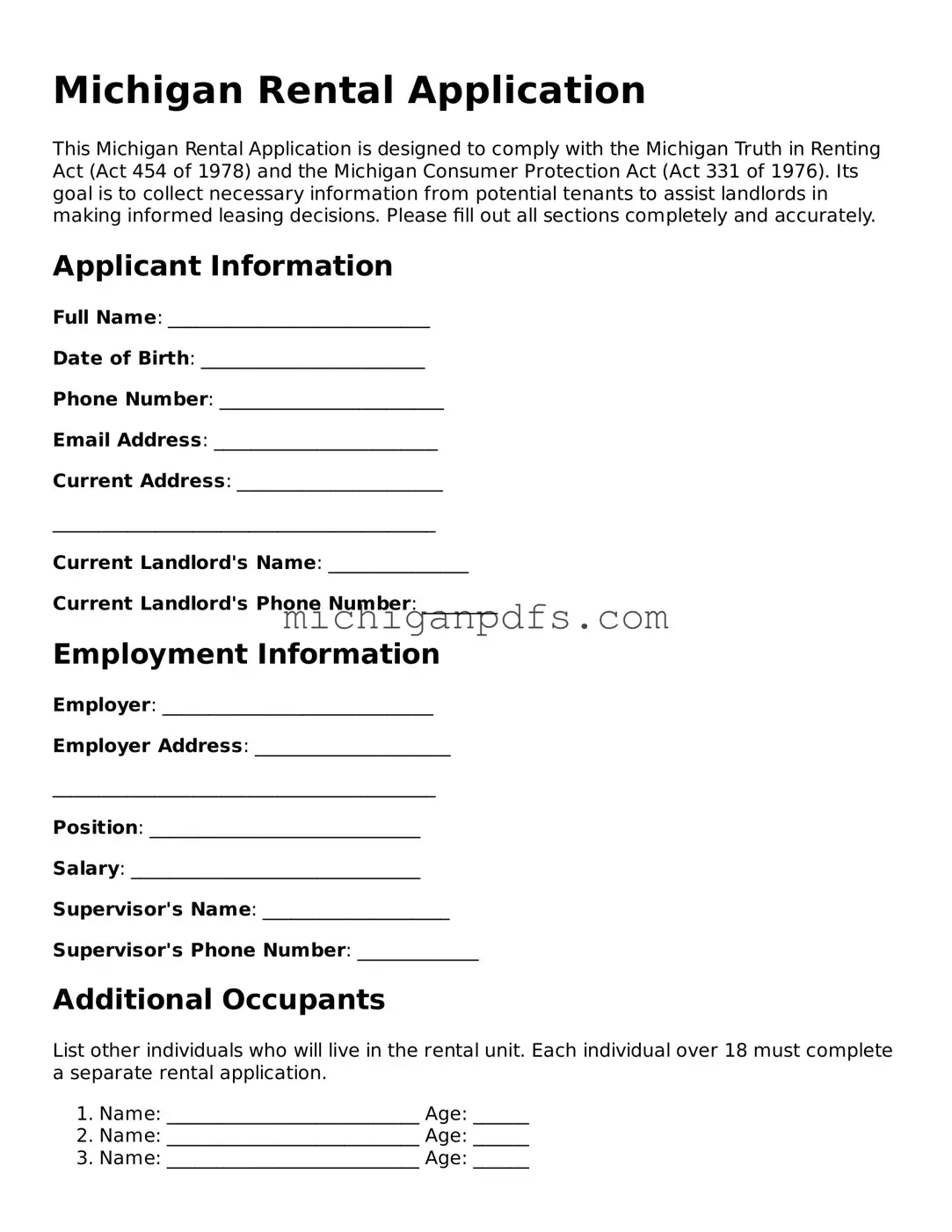 Michigan Rental Application Document