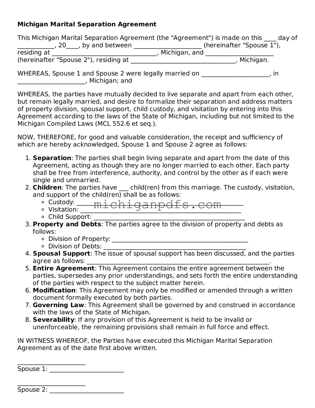 Michigan Marital Separation Agreement Document