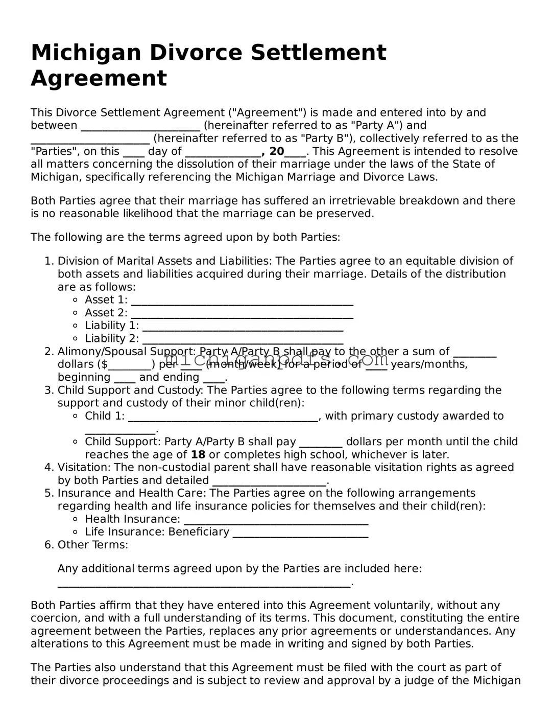 Michigan Divorce Settlement Agreement Document