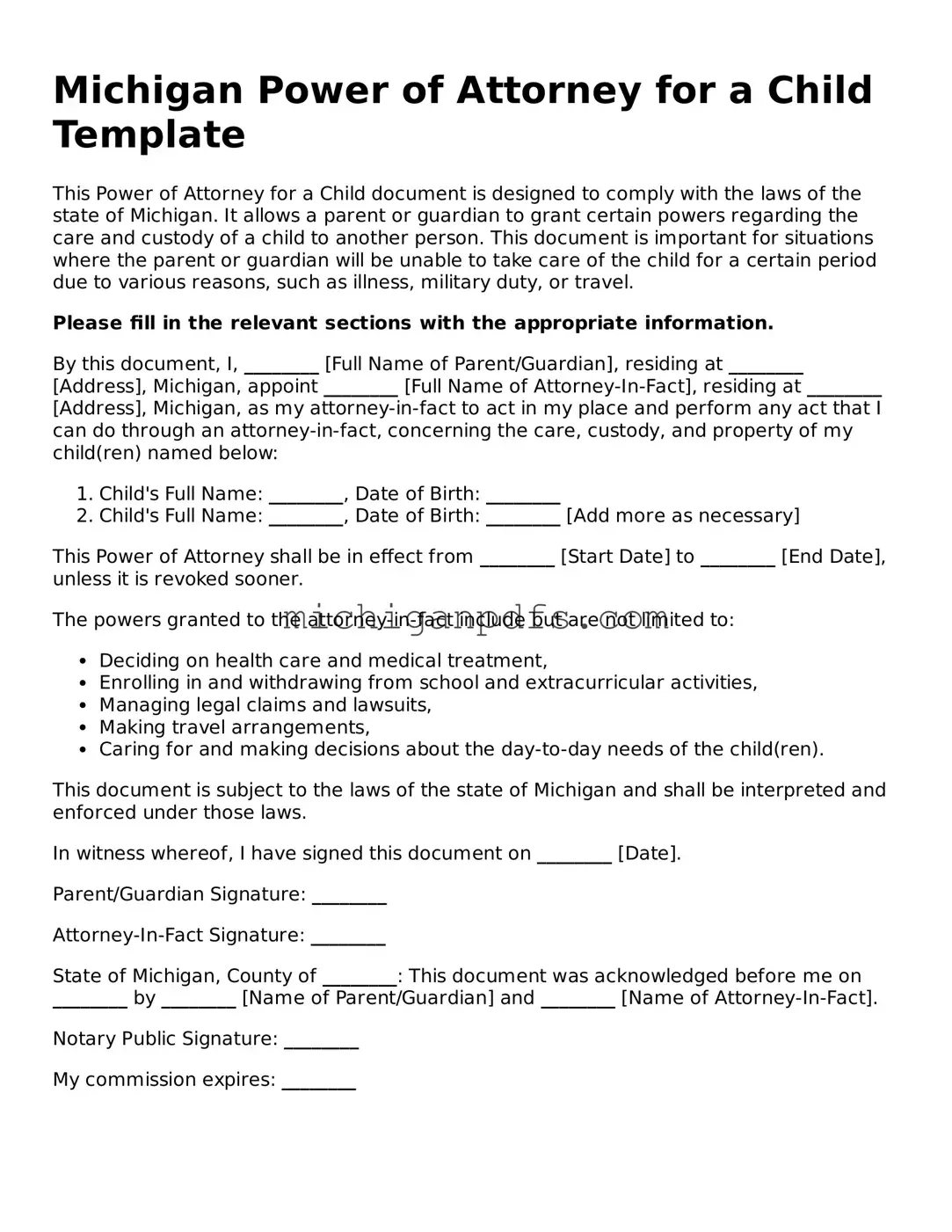 Michigan Power of Attorney for a Child Document