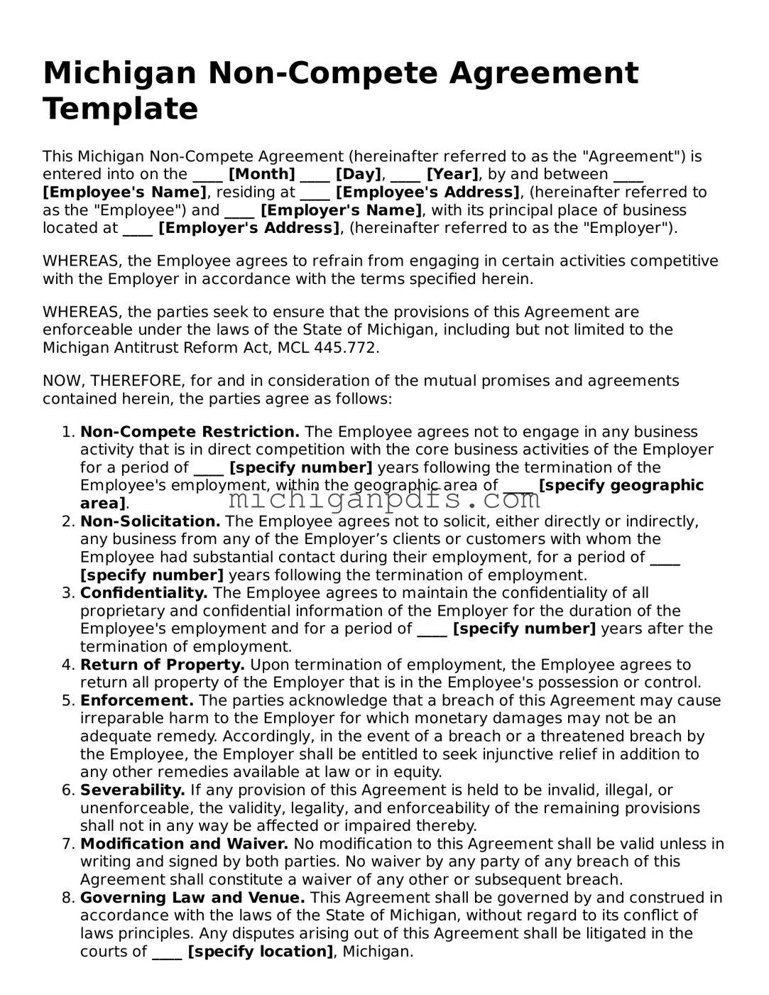 Michigan Non-compete Agreement Document