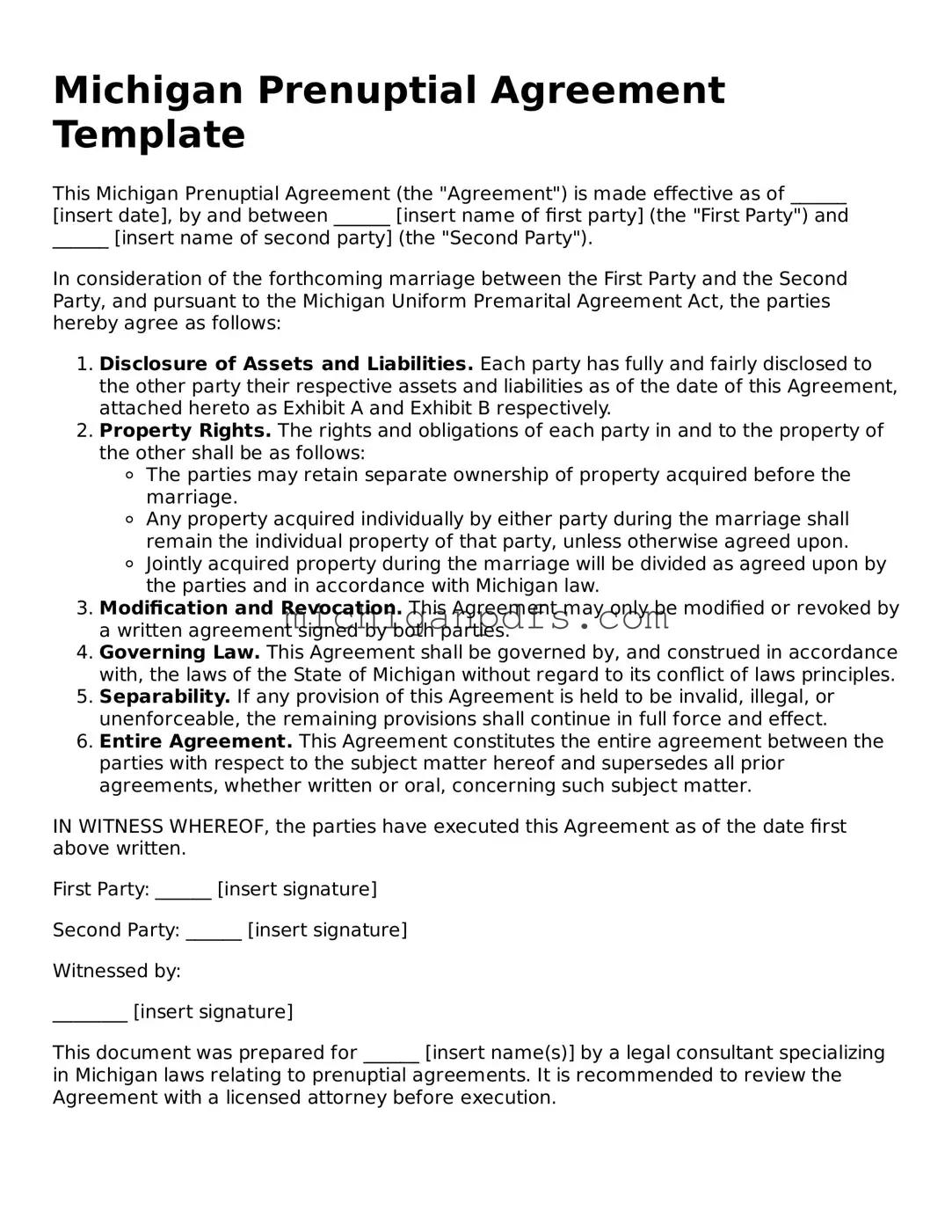 Michigan Prenuptial Agreement Document