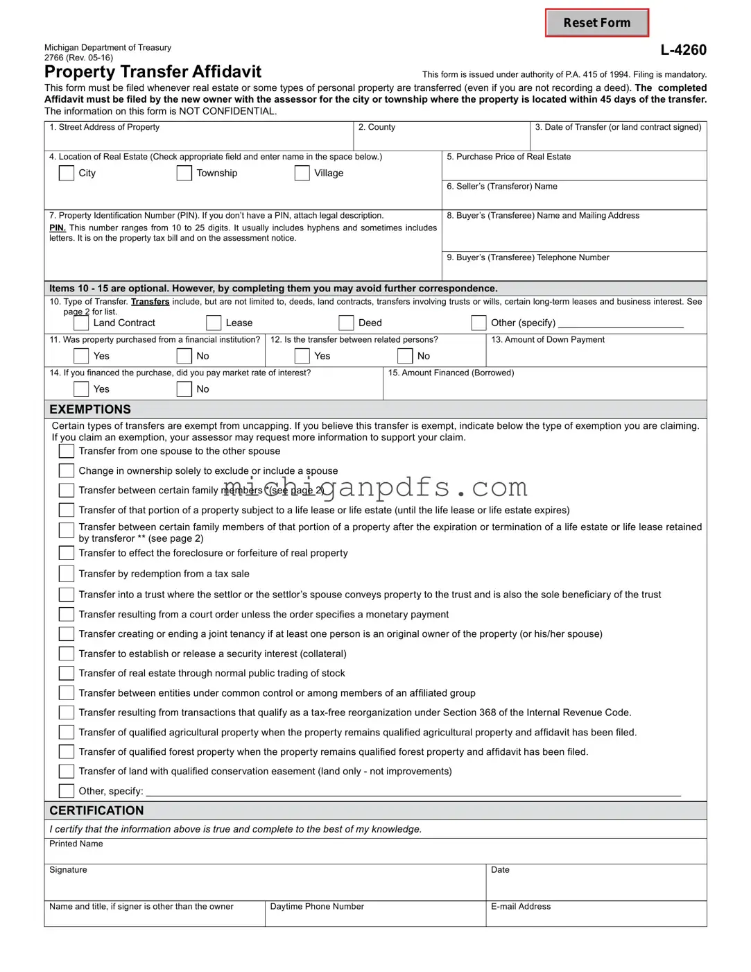 Free Michigan Property Transfer Affidavit 2766 Template