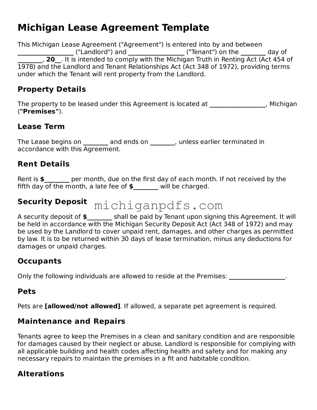 Michigan Lease Agreement Document