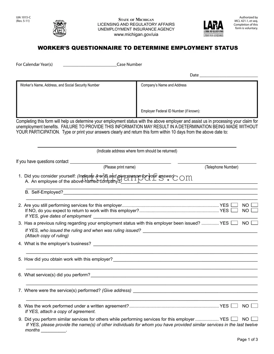 Free Michigan Uia 1015 C Template