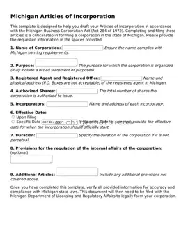 Michigan Articles of Incorporation Document