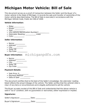 Michigan Motor Vehicle Bill of Sale Document