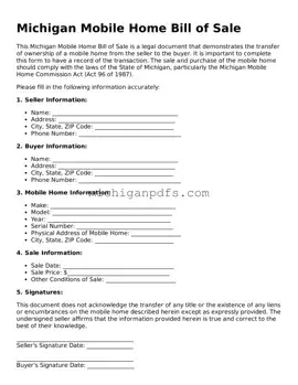 Michigan Mobile Home Bill of Sale Document