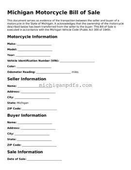 Michigan Motorcycle Bill of Sale Document