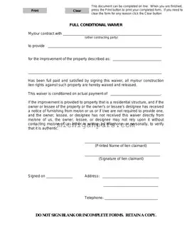 Free Michigan Full Conditional Waiver Template