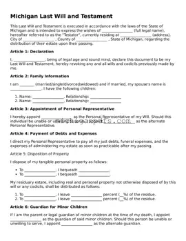 Michigan Last Will and Testament Document