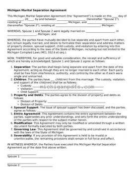 Michigan Marital Separation Agreement Document