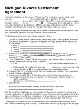 Michigan Divorce Settlement Agreement Document